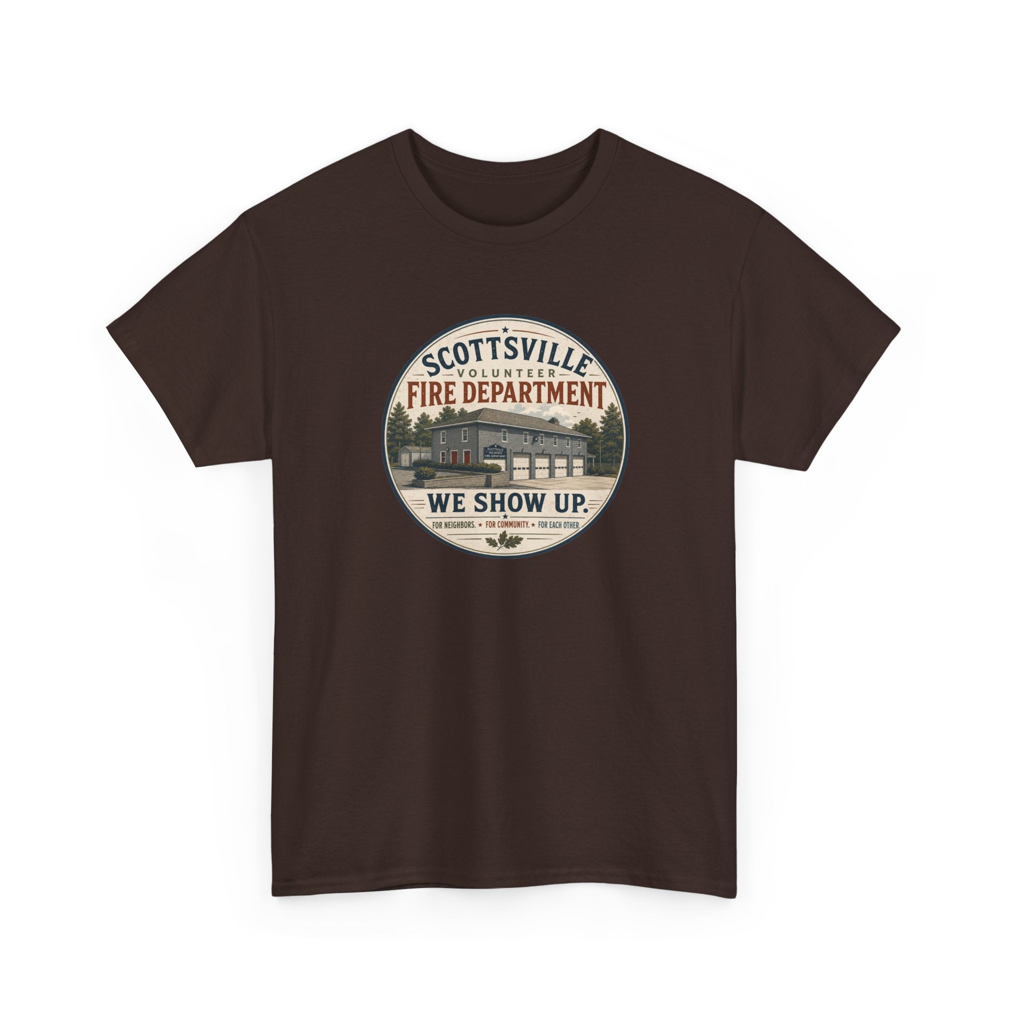 Scottsville Fire Department T-Shirt – “We Show Up” Vintage Firefighter Tee