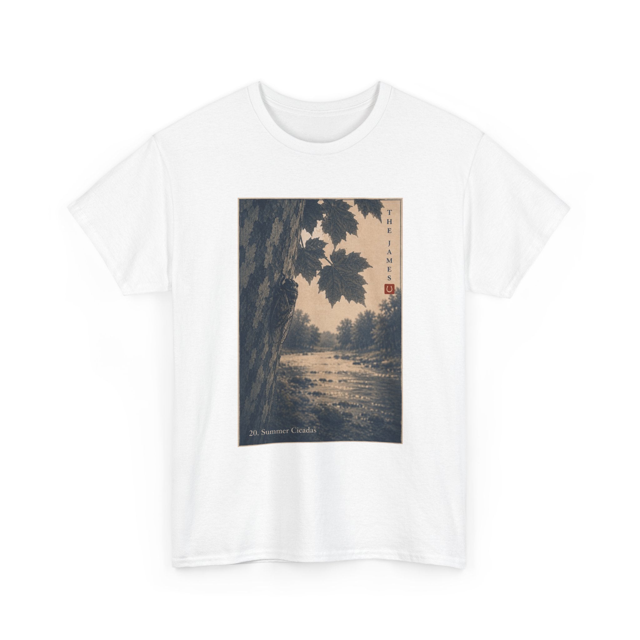 20. Summer Cicadas — Vintage Art Print Tee (Serene River Scene)