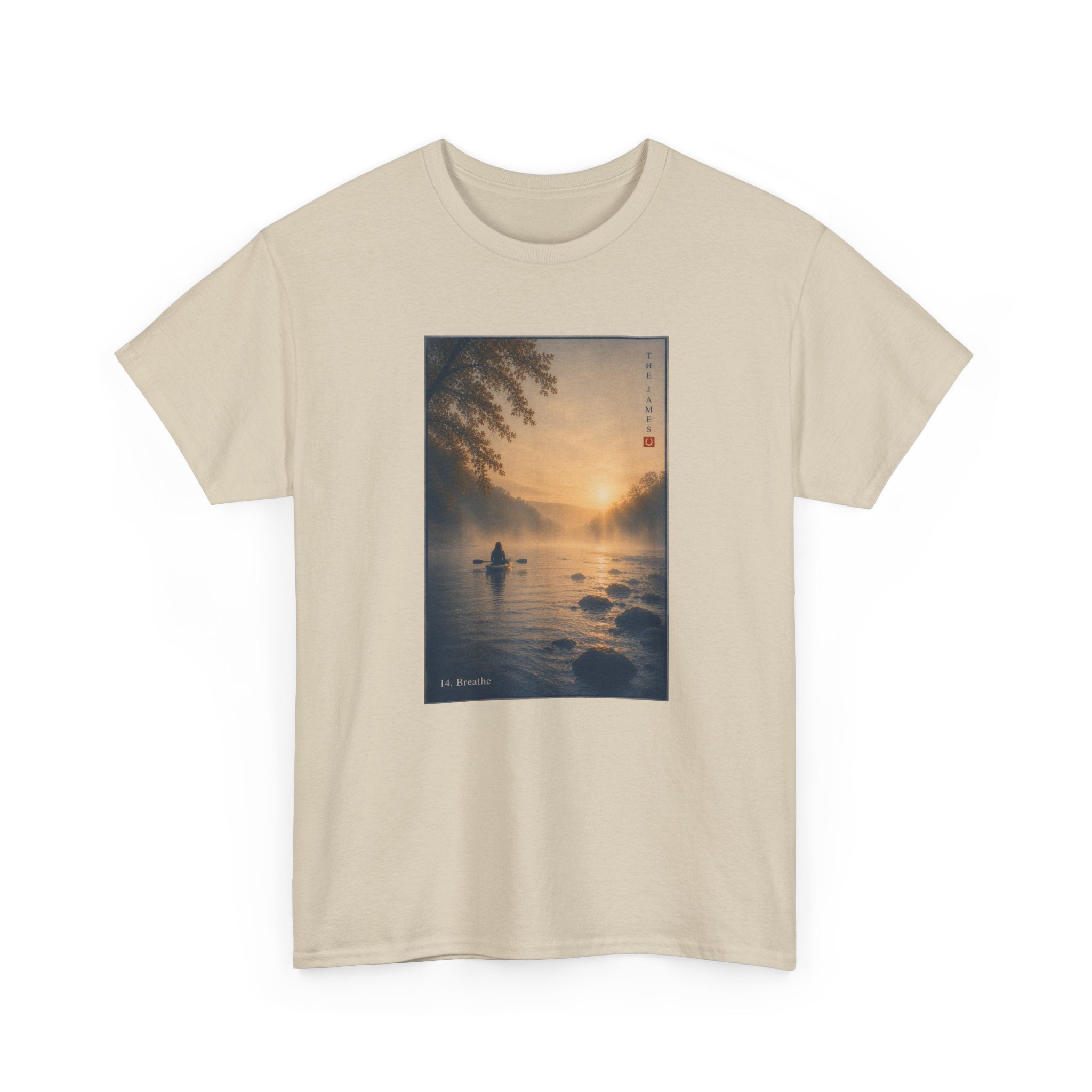 14. Breathe - Sunset Kayak Vintage Art Tee — Tranquil River Graphic T-Shirt