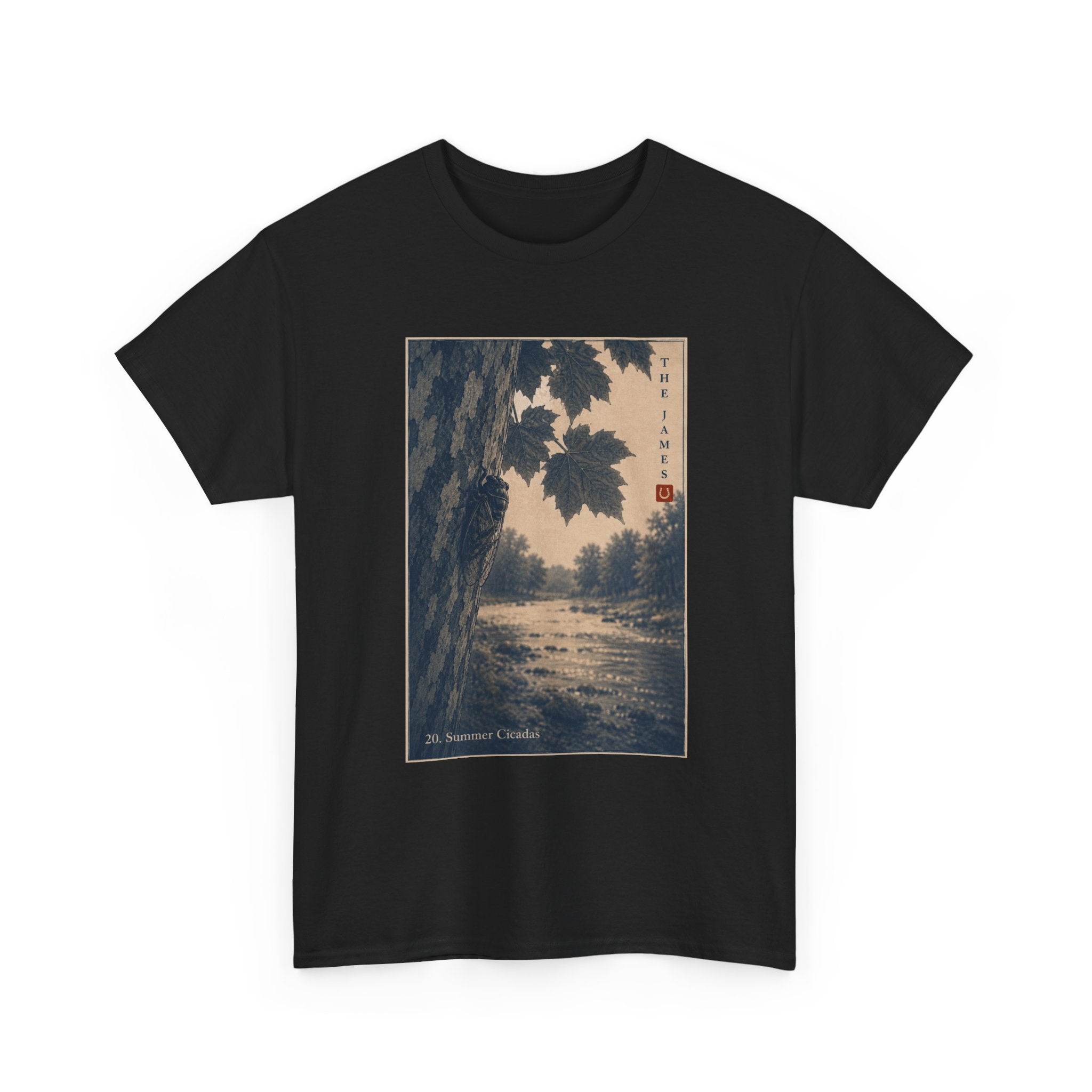 20. Summer Cicadas — Vintage Art Print Tee (Serene River Scene)