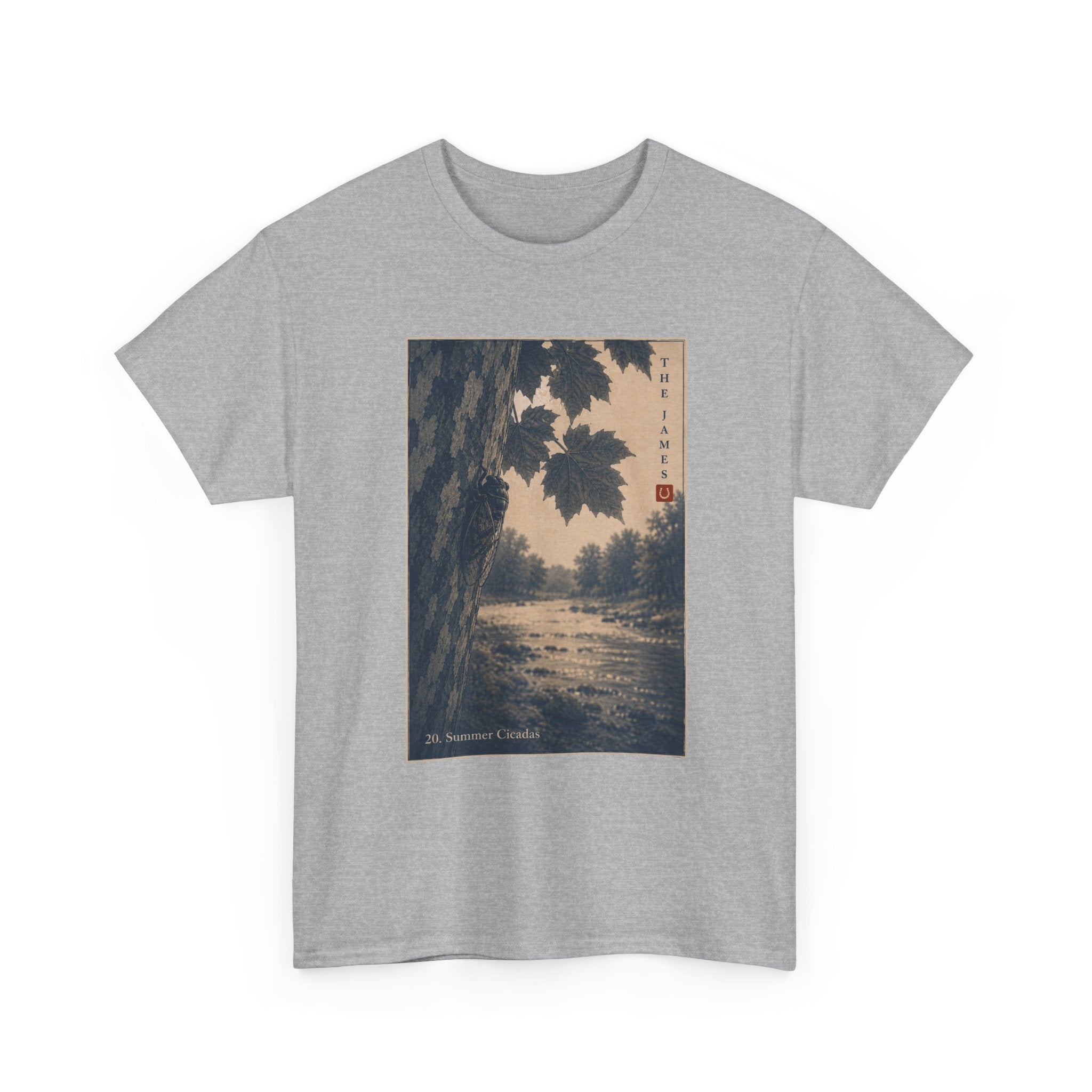 20. Summer Cicadas — Vintage Art Print Tee (Serene River Scene)