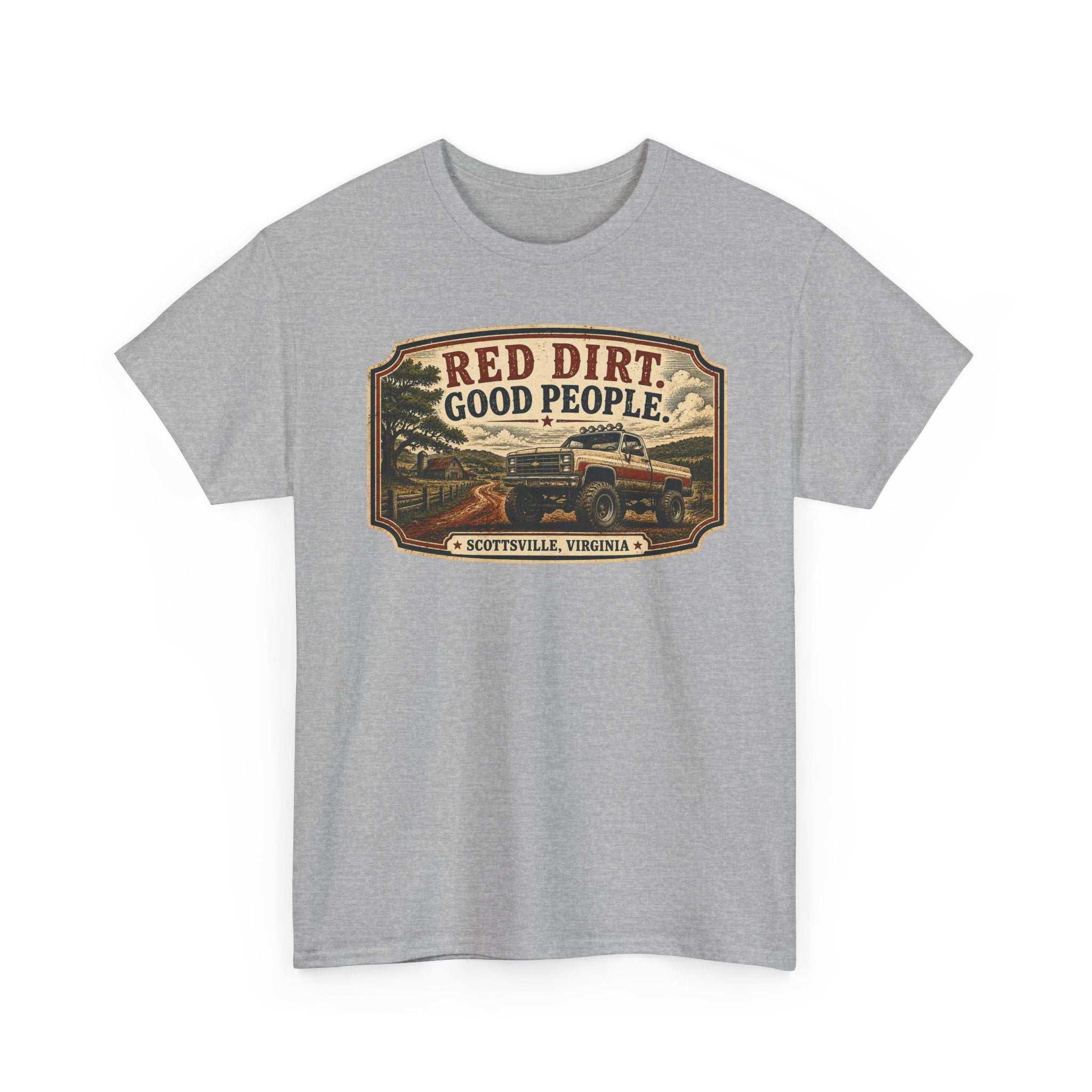 Red Dirt, Good People T‑Shirt — Scottsville Virginia Vintage Truck Design