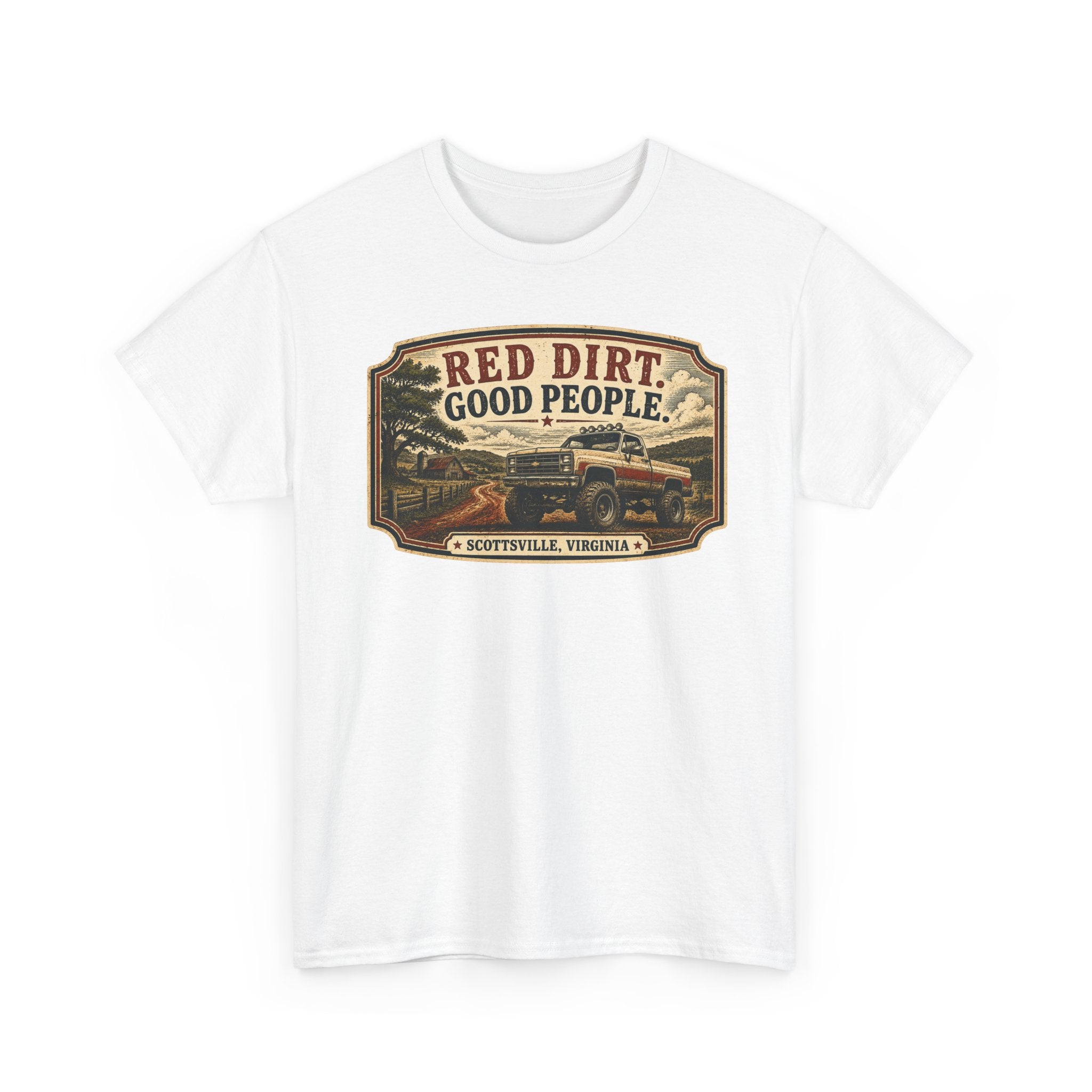Red Dirt, Good People T‑Shirt — Scottsville Virginia Vintage Truck Design