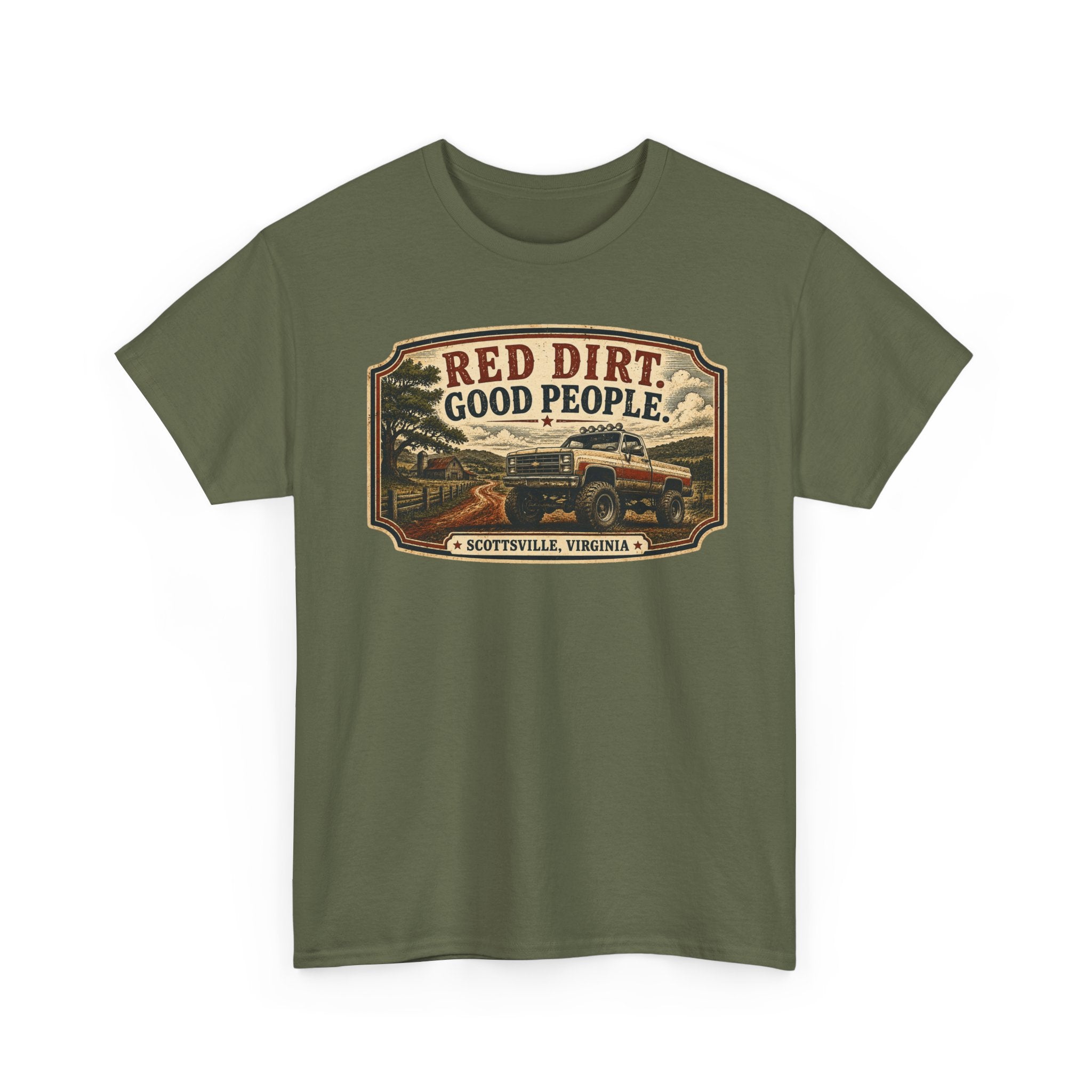 Red Dirt, Good People T‑Shirt — Scottsville Virginia Vintage Truck Design