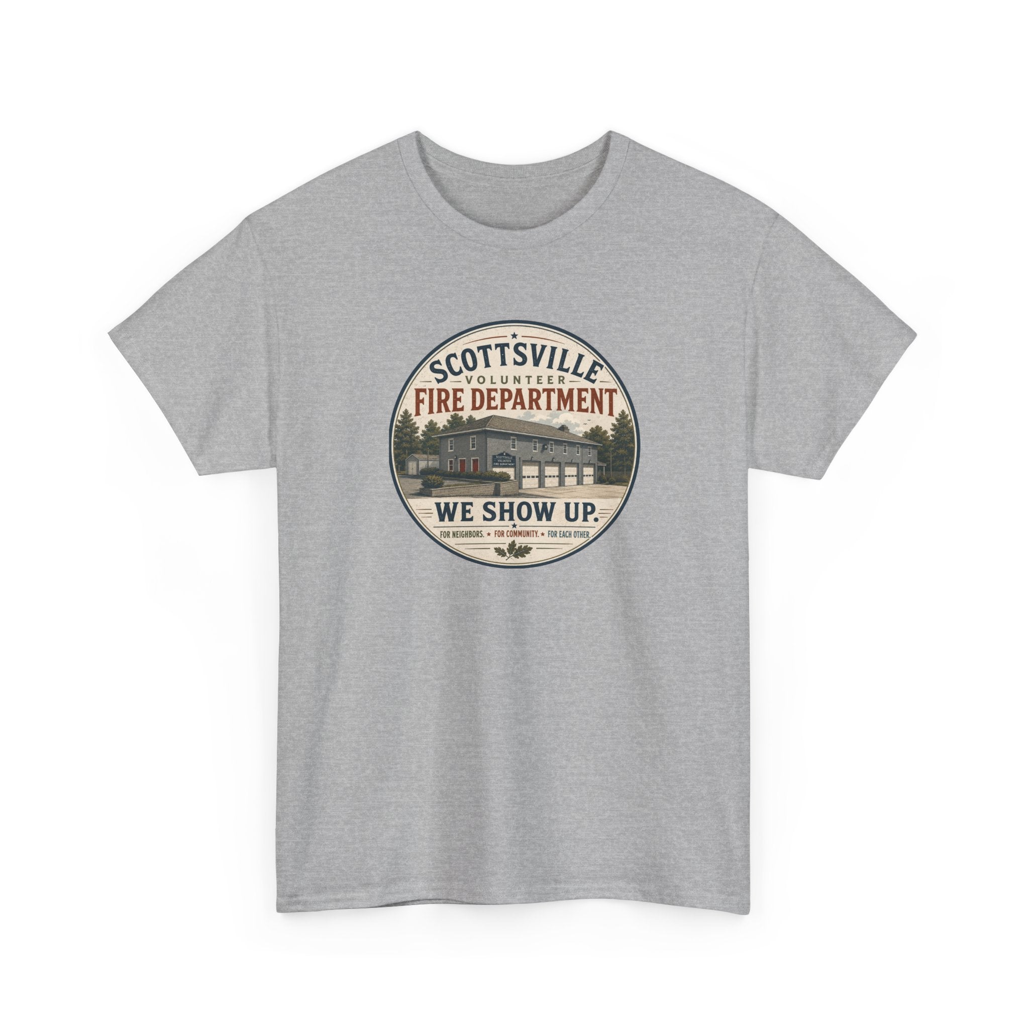 Scottsville Fire Department T-Shirt – “We Show Up” Vintage Firefighter Tee