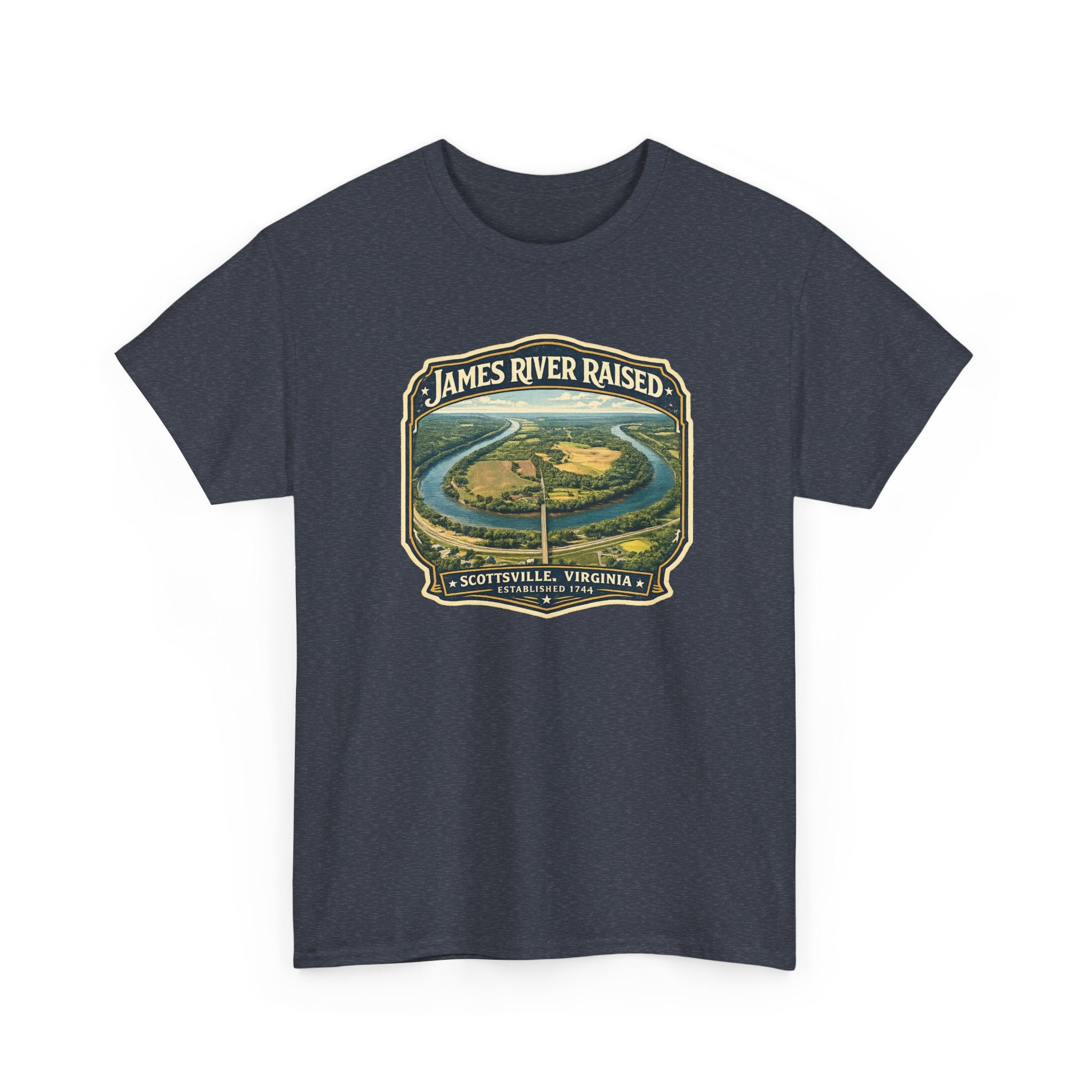 James River Raised T‑Shirt – Scottsville, Virginia Vintage River Badge