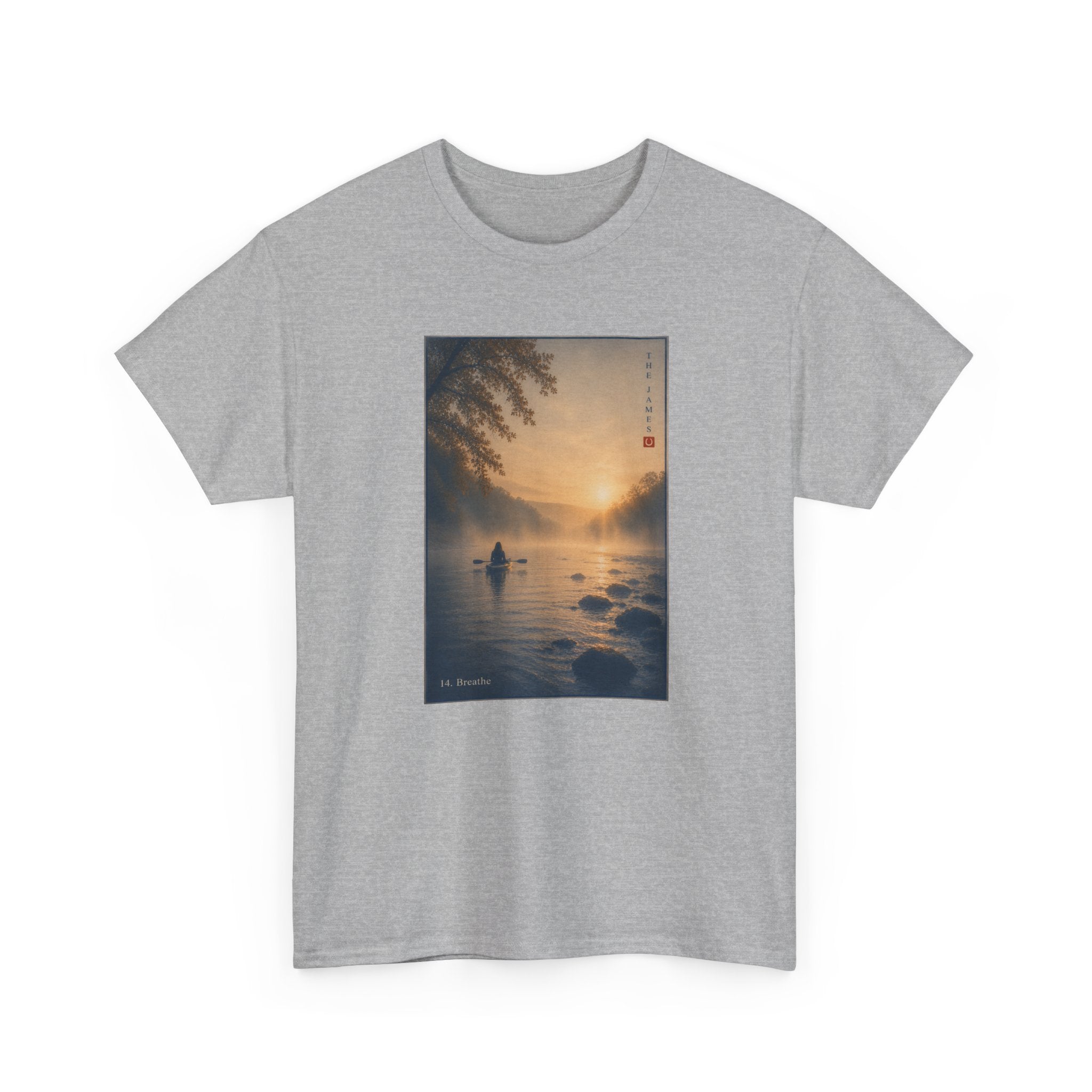 14. Breathe - Sunset Kayak Vintage Art Tee — Tranquil River Graphic T-Shirt