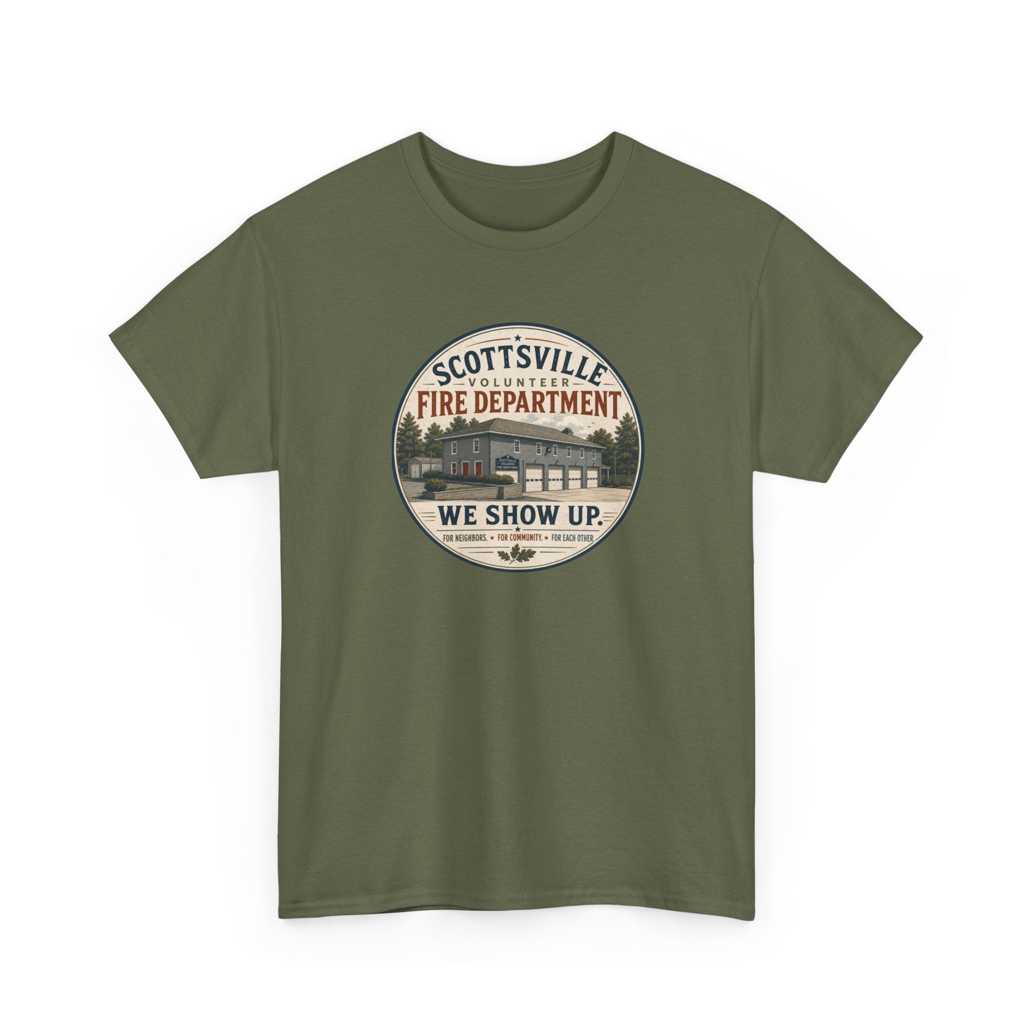 Scottsville Fire Department T-Shirt – “We Show Up” Vintage Firefighter Tee