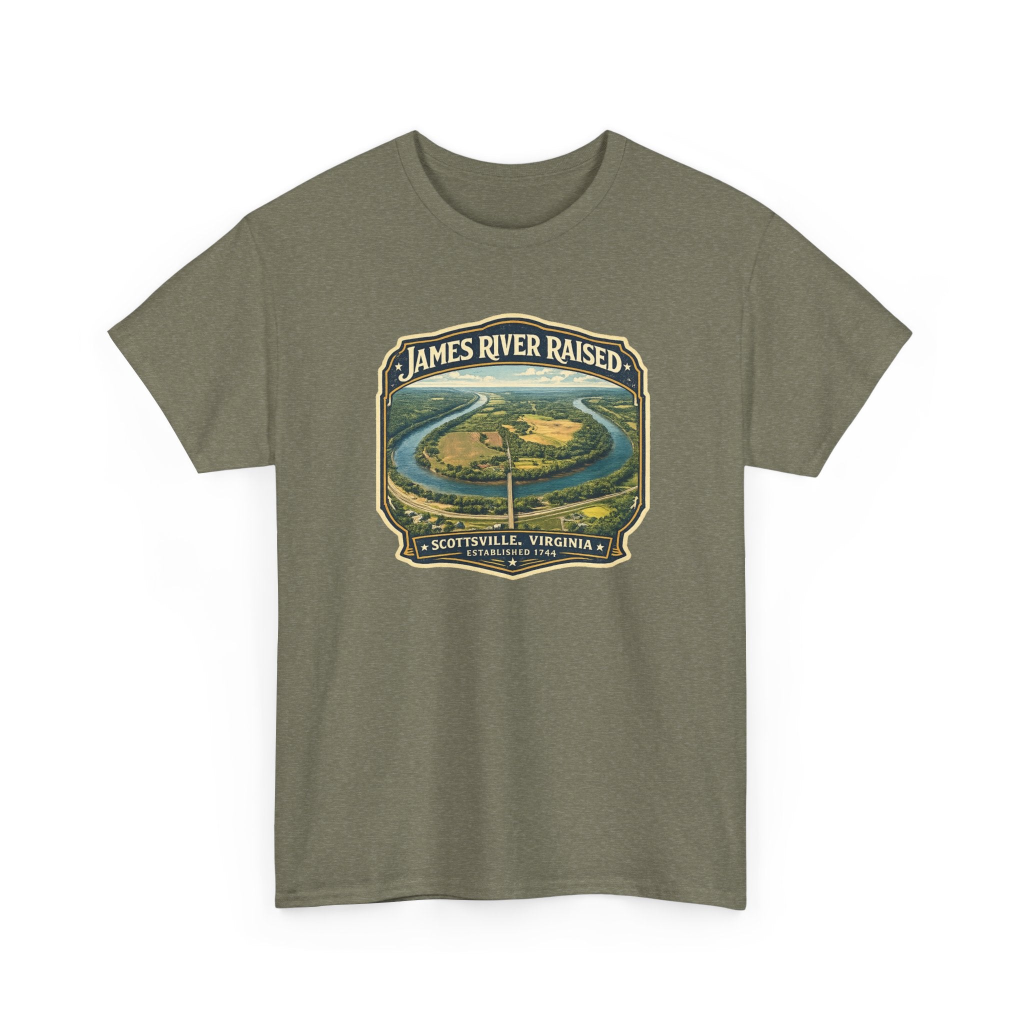 James River Raised T‑Shirt – Scottsville, Virginia Vintage River Badge