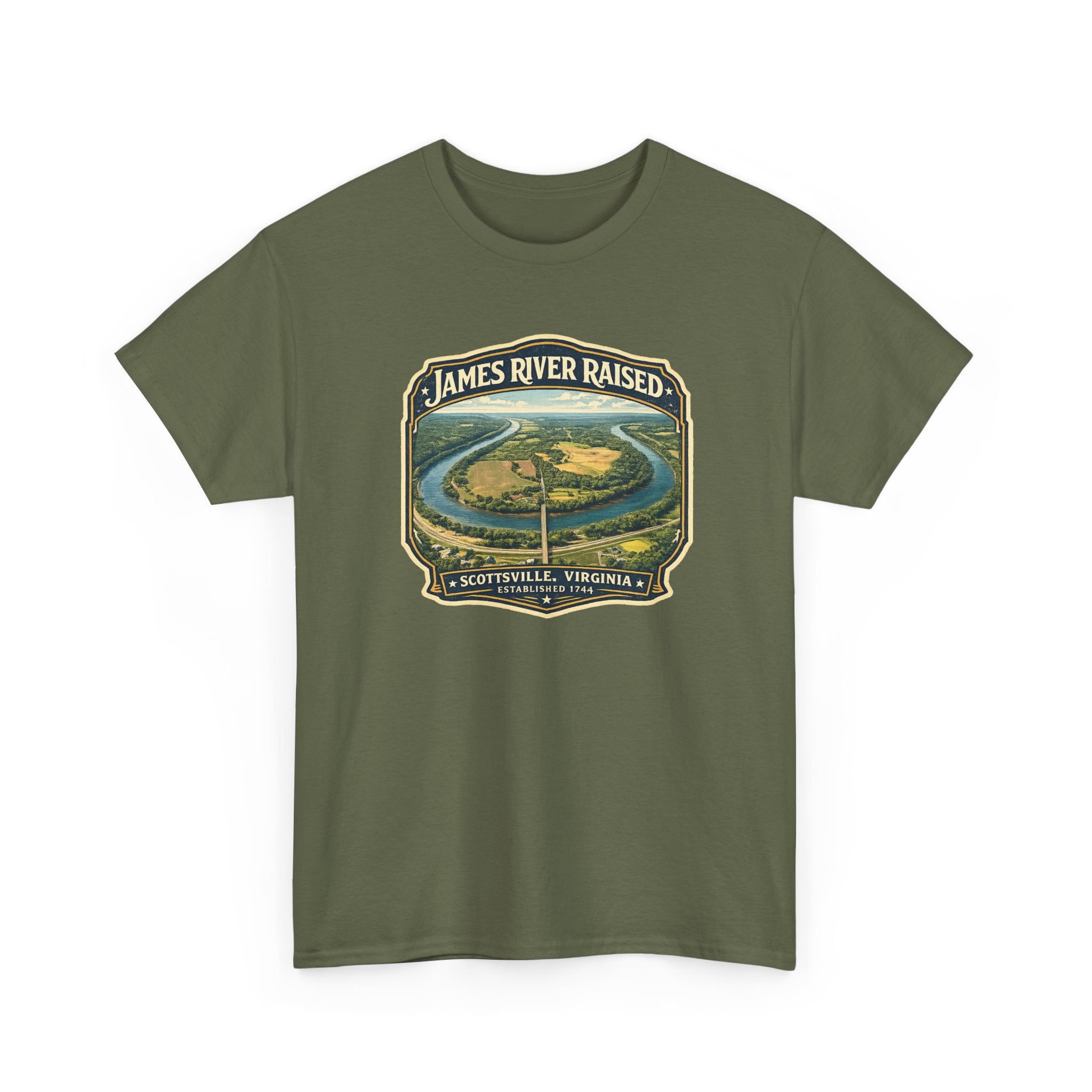 James River Raised T‑Shirt – Scottsville, Virginia Vintage River Badge