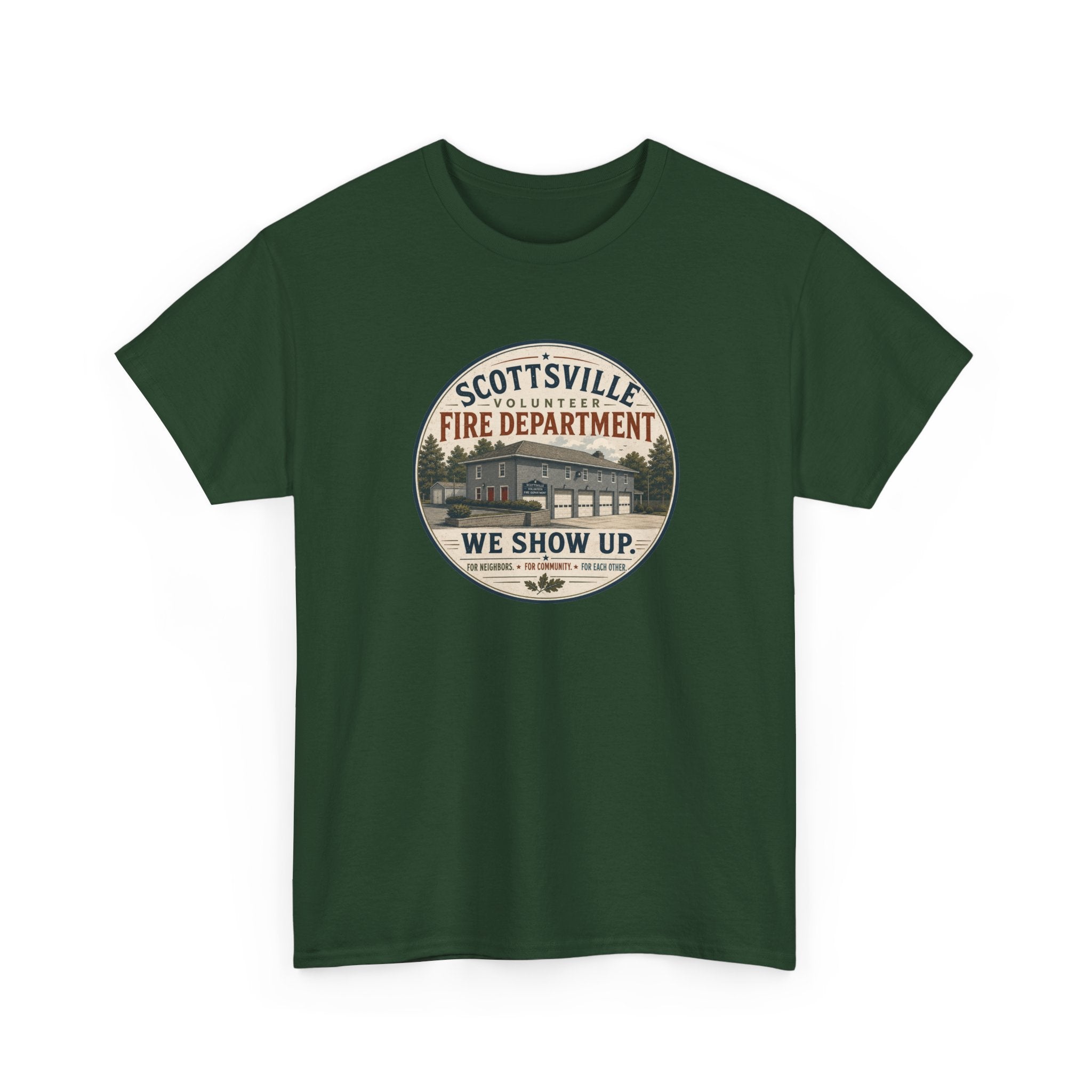 Scottsville Fire Department T-Shirt – “We Show Up” Vintage Firefighter Tee