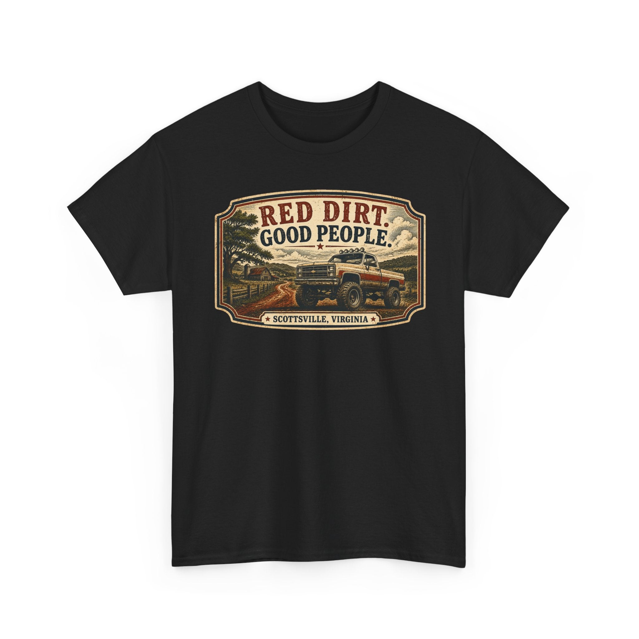 Red Dirt, Good People T‑Shirt — Scottsville Virginia Vintage Truck Design