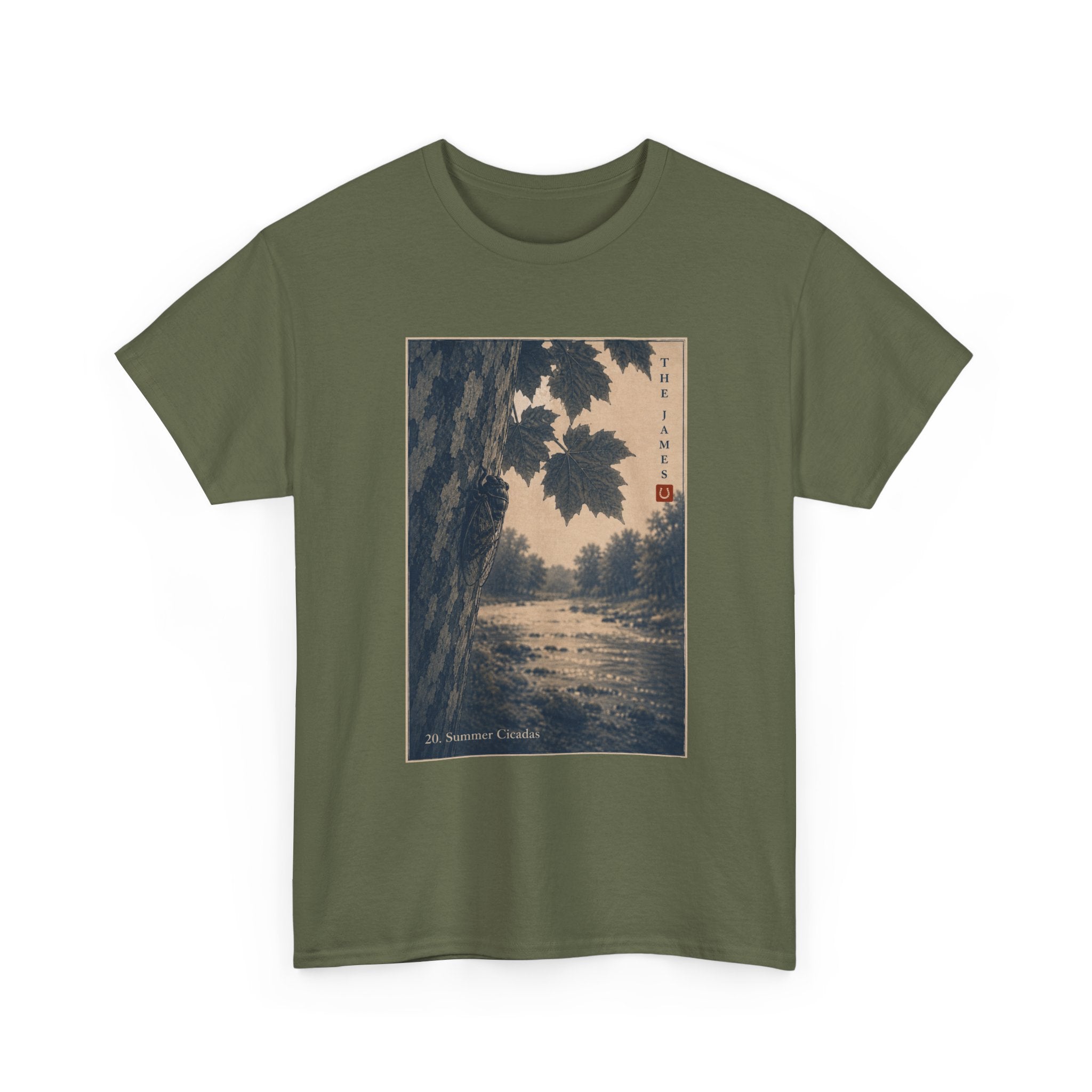 20. Summer Cicadas — Vintage Art Print Tee (Serene River Scene)