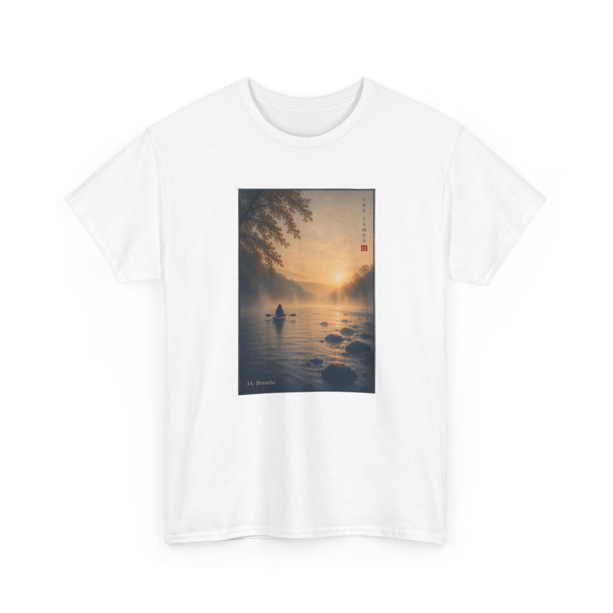 14. Breathe - Sunset Kayak Vintage Art Tee — Tranquil River Graphic T-Shirt