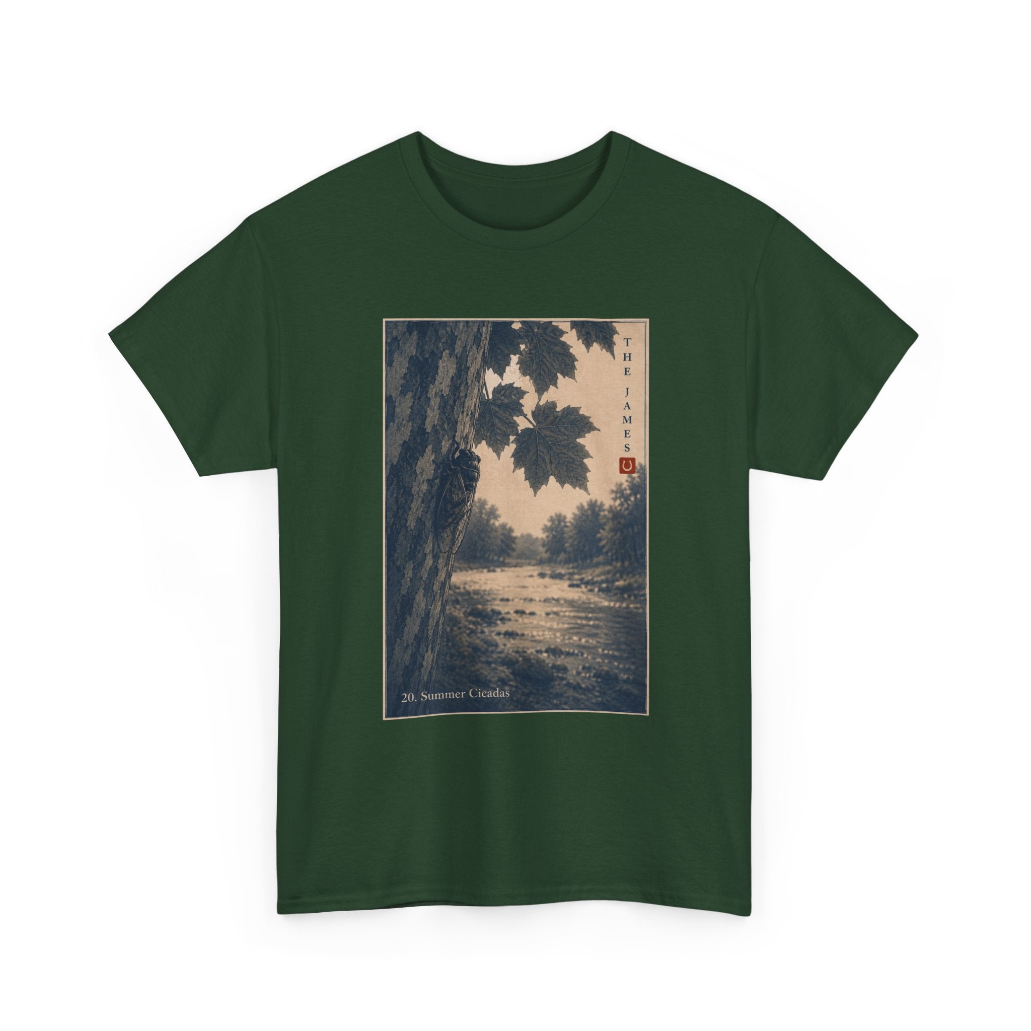 20. Summer Cicadas — Vintage Art Print Tee (Serene River Scene)