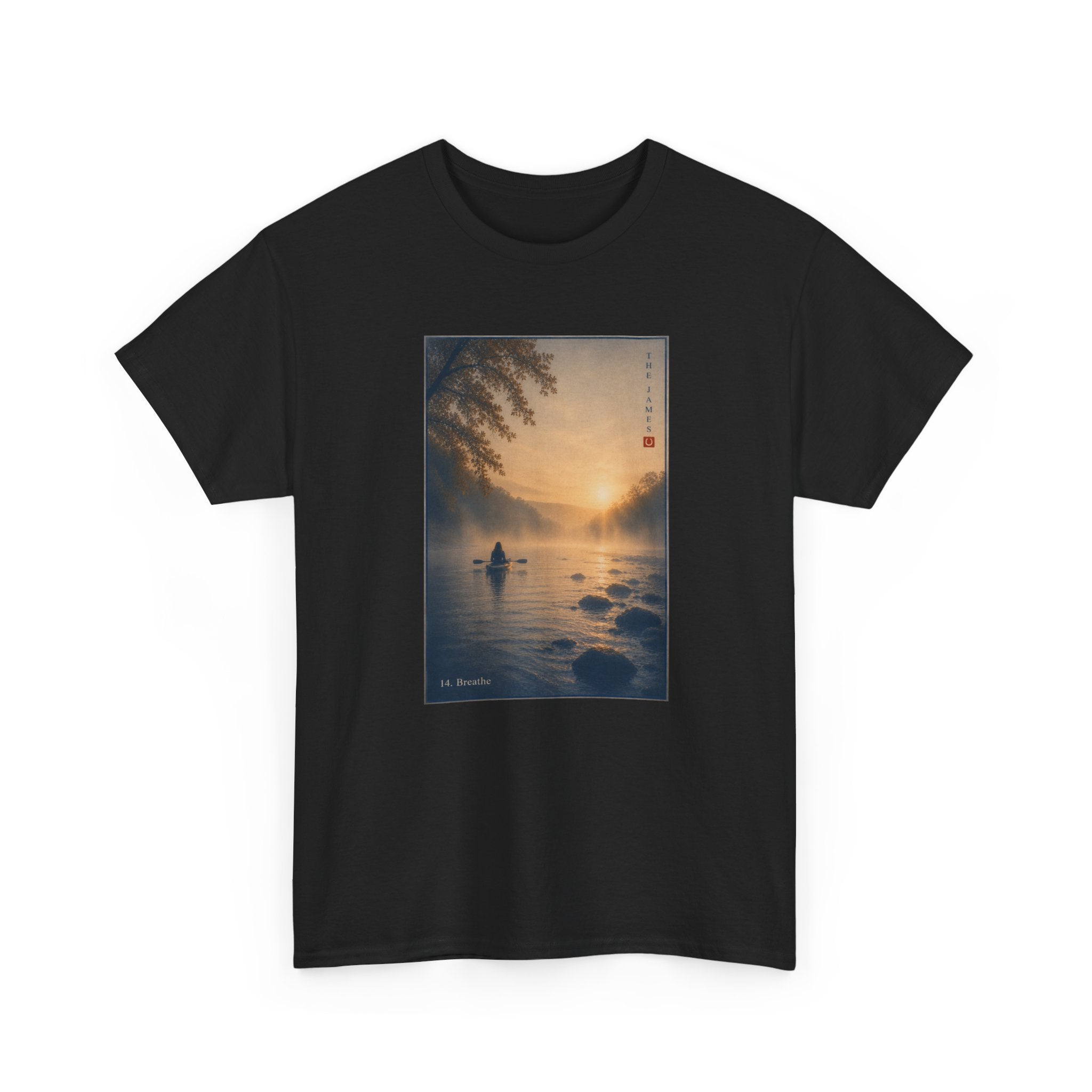 14. Breathe - Sunset Kayak Vintage Art Tee — Tranquil River Graphic T-Shirt