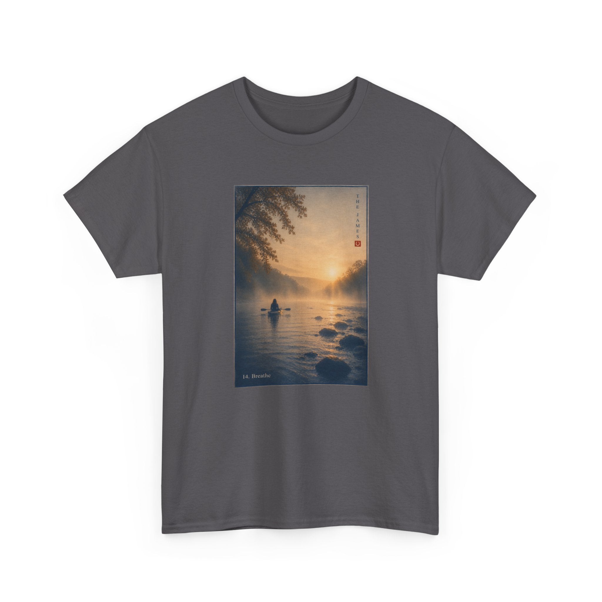 14. Breathe - Sunset Kayak Vintage Art Tee — Tranquil River Graphic T-Shirt