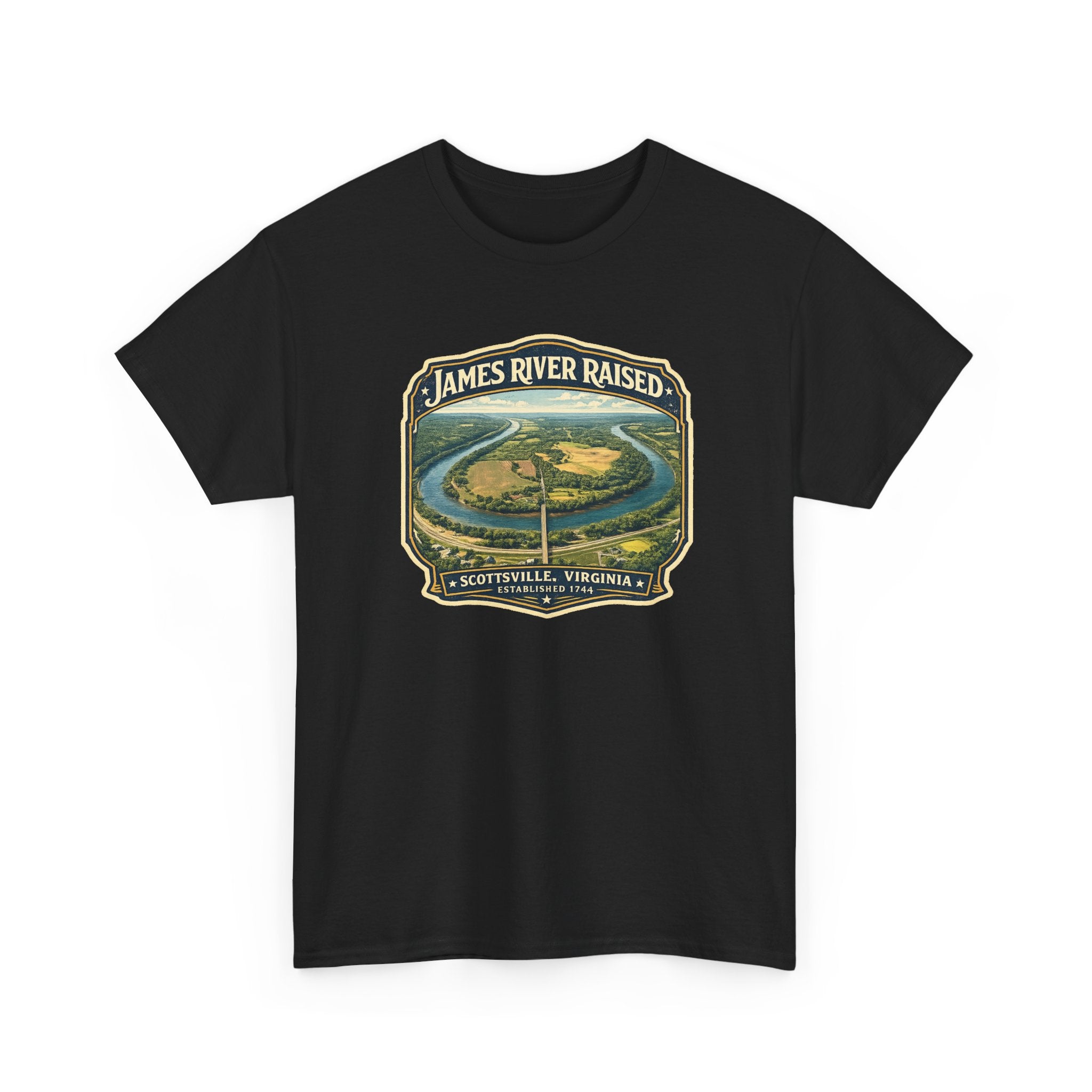 James River Raised T‑Shirt – Scottsville, Virginia Vintage River Badge