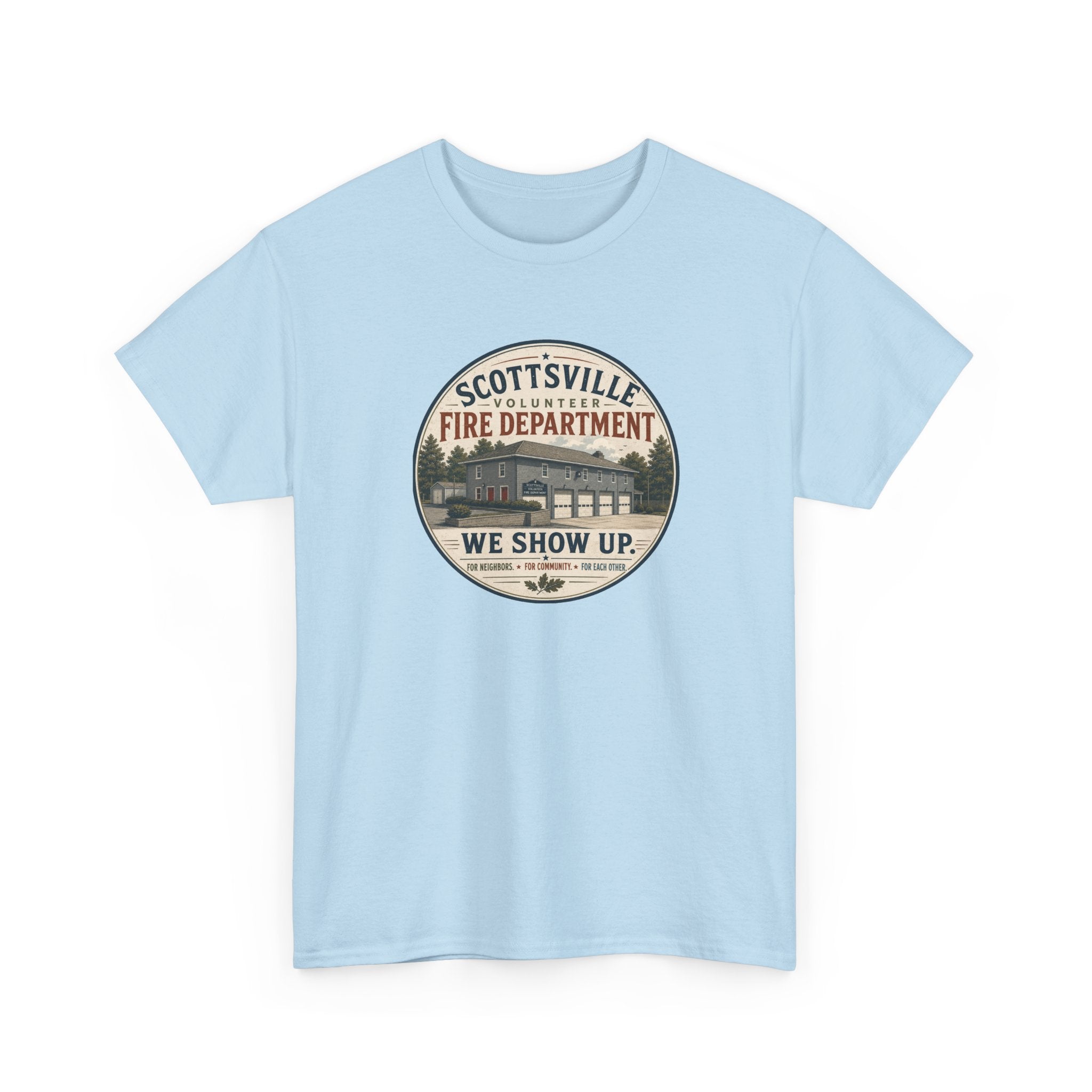 Scottsville Fire Department T-Shirt – “We Show Up” Vintage Firefighter Tee