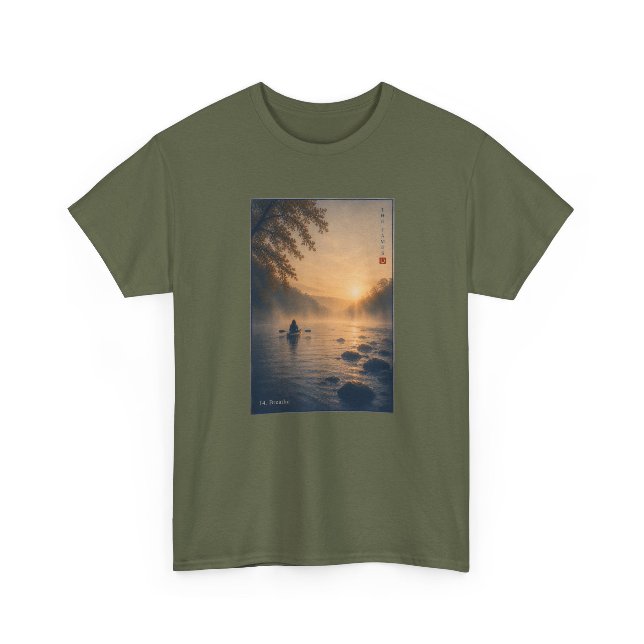 14. Breathe - Sunset Kayak Vintage Art Tee — Tranquil River Graphic T-Shirt