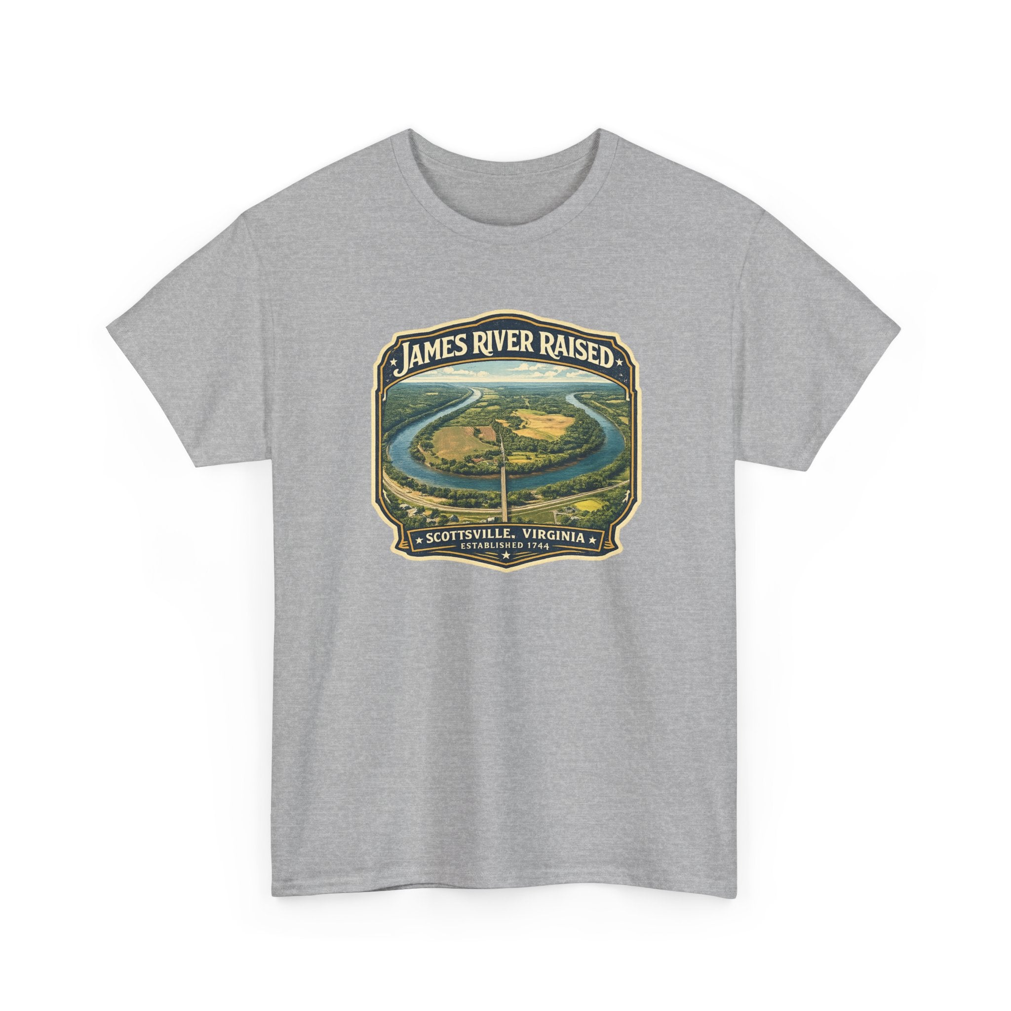 James River Raised T‑Shirt – Scottsville, Virginia Vintage River Badge